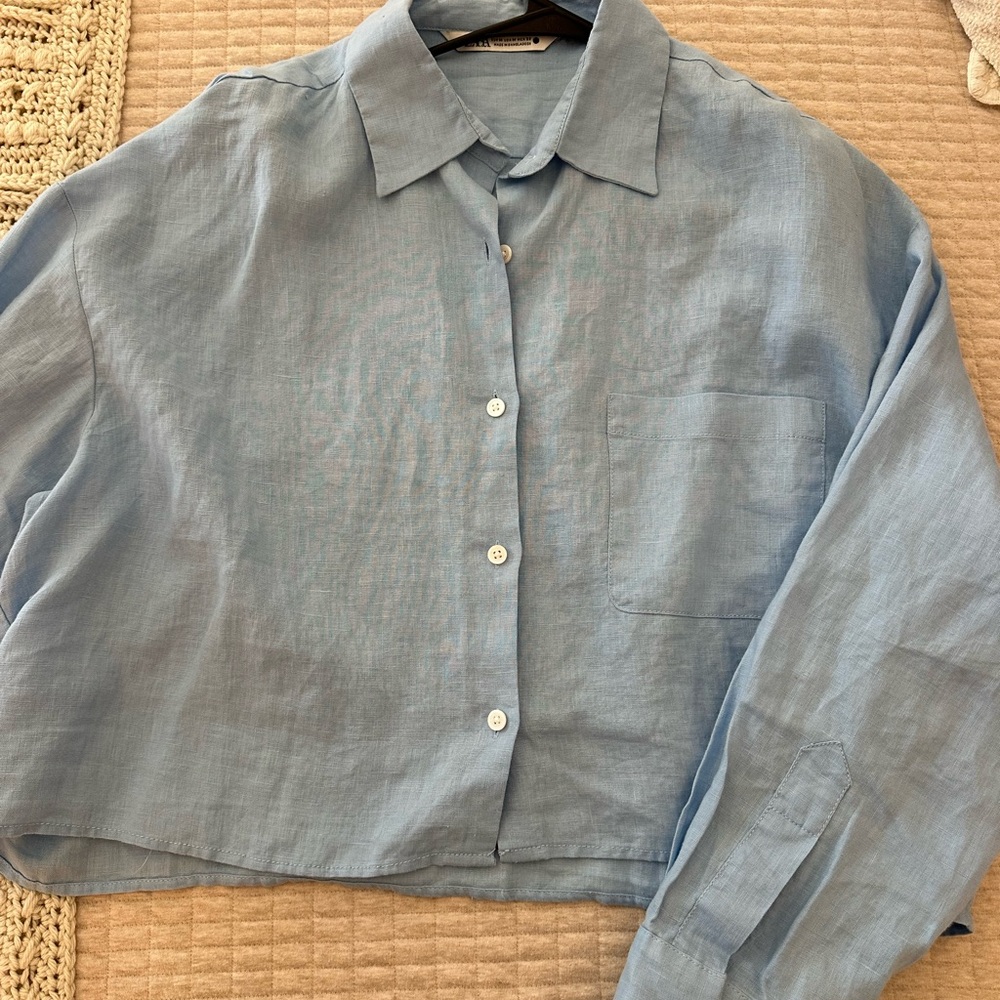 Zara Light Blue Boxy Crop Button-Up Shirt